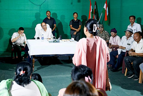 Manipur Chief Minister Yumnam Khemchand Singh during a visit to Kanto Sabal, where at least three houses were recently set ablaze by a mob, in Imphal.
