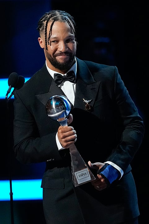 Jalen Brunson accepts the best athlete, men's sports, award at the ESPY Awards in the David H. Koch Theater at Lincoln Center Wednesday, July 15, 2026, in New York. 
