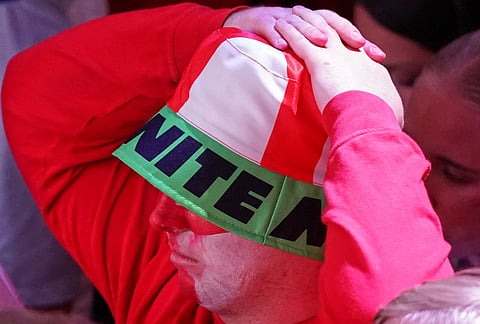 An England supporter reacts after the World Cup semifinal soccer match between England and Argentina at Boxpark in Croydon, London, Wednesday, July 15, 2026.