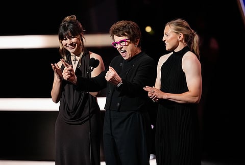 Alysa Liu, left, Billie Jean King, center, and Kendall Coyne Schofield present the Billie Jean King youth leadership award at the ESPY Awards in the David H. Koch Theater at Lincoln Center Wednesday, July 15, 2026, in New York. 