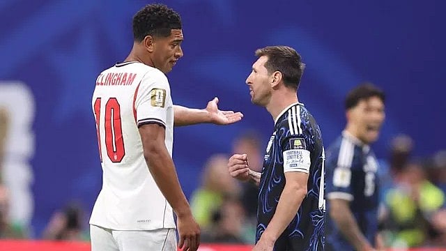 Jude Bellingham and Lionel Messi in a heated halftime exchange in World Cup semifinal. - AP