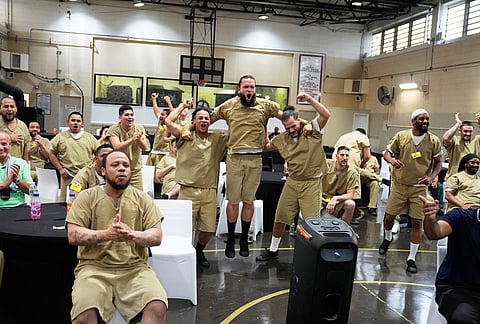 Rikers Island inmates watch the World Cup semifinal soccer match between England and Argentina, at the jail complex in New York, Wednesday, July 15, 2026. 