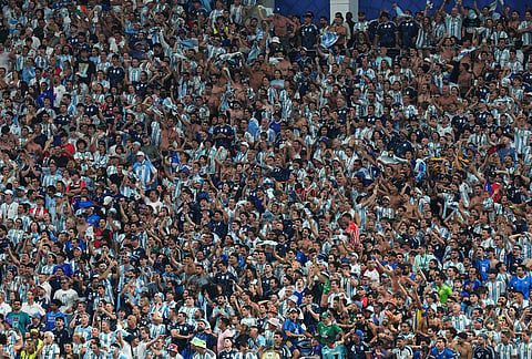 Argentina fans cheer after the second goal of their team during the World Cup semifinal soccer match between England and Argentina in Atlanta, Wednesday, July 15, 2026. 
