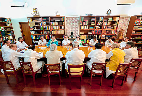 Congress President and Rajya Sabha LoP Mallikarjun Kharge, Congress Parliamentary Party (CPP) Chairperson Sonia Gandhi, party MP and Lok Sabha LoP Rahul Gandhi, party MPs P Chidambaram, KC Venugopal, Shashi Tharoor, Gaurav Gogoi, Jairam Ramesh, Pramod Tiwari, Manish Tewari and Kumari Selja with others during the CPP Strategy Group meeting, in New Delhi. 
