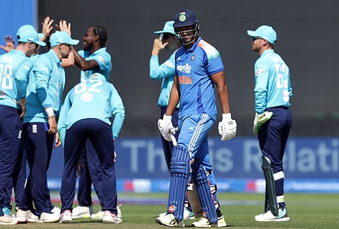 India's Shivam Dube walks after being bowled and caught out by England's Jofra Archer during the second ODI between England and India at Sophia Gardens, Cardiff, Wales, Thursday July 16, 2026.