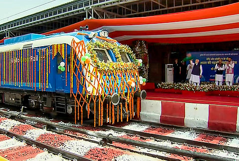 Prime Minister Narendra Modi flags off India's first hydrogen-powered train, between Jind and Sonipat, in the presence of Union Minister Ashwani Vaishnaw, Haryana Chief Minister Nayab Singh Saini and others, at Jind Railway Station, Haryana. 