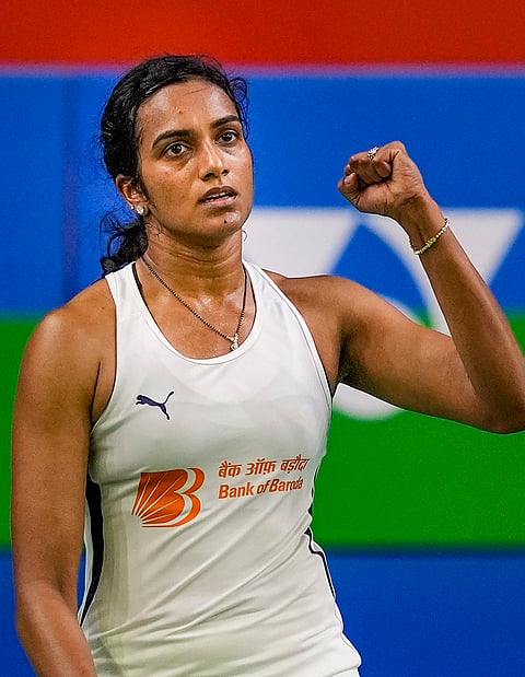 India's two-time Olympic medallist PV Sindhu on Friday, July 17, 2026, advanced to the women's singles semifinals of the ongoing Japan Open Super 750 badminton tournament after Japan's Nozomi Okuhara withdrew from the match. Sindhu is seen celebrating a point during a women's singles match against Japan's Manami Suizu at the India Open 2025 badminton tournament, in New Delhi, in this file photo dated Thursday, Jan. 16, 2025. 
