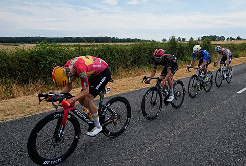 The break away rides during the eleventh stage of the Tour de France cycling race with start in Vichy and finish in Nevers, France, Wednesday, July 15, 2026. 