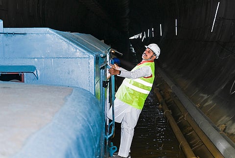 Madhya Pradesh Chief Minister Mohan Yadav inspects the 12-km water tunnel of the Bargi Diversion Project, at Sleemanabad, in Katni district.
