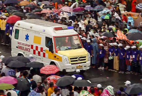 An ambulance carries injured devotees to hospital after a stampede-like situation broke out during the Jagannath Rath Yatra, in Puri, Odisha, Thursday, July 16, 2026. 