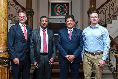 Union Commerce and Industry Minister Piyush Goyal in a photograph with KONE Corporation Executive Vice-President and Chief Financial Officer (CFO) Ilkka Hara, left, Vice Chairman of the Board  Jussi Herlin, right, and Ambassador of India to Finland Hemant H Kotalwar, second left, during a meeting, in Finland. 
