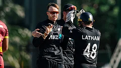 New Zealand players celebrate during the third ODI against West Indies at the Guyana National Stadium in Providence. A smiling Jayden Lennox is seen acknowledging teammates after another successful spell, while wicketkeeper Tom Latham joins the celebrations following the Black Caps' dominant six-wicket victory that gave them a 2-1 lead in the five-match ODI series. The image captures New Zealand's jubilant mood after a clinical all-round performance in Guyana. - X/BLACKCAPS