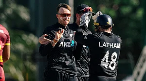 X/BLACKCAPS : New Zealand players celebrate during the third ODI against West Indies at the Guyana National Stadium in Providence. A smiling Jayden Lennox is seen acknowledging teammates after another successful spell, while wicketkeeper Tom Latham joins the celebrations following the Black Caps' dominant six-wicket victory that gave them a 2-1 lead in the five-match ODI series. The image captures New Zealand's jubilant mood after a clinical all-round performance in Guyana.