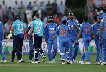 | Photo: Steven Paston/PA via AP : England's Joe Root and Gus Atkinson shake hands with India's players after winning the match in the second ODI between England and India at Sophia Gardens, Cardiff, Wales, Thursday July 16, 2026.