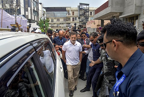 Congress MP and Lok Sabha LoP Rahul Gandhi during his visit to the residence of Congress worker Amar Mehta, who lost his life after an iron rod from a tent erected for Gandhi’s scheduled event fell on him at the Bannu School grounds on late Thursday, in Dehradun, Uttarakhand.
