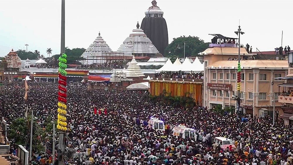 Ambulances stuck amid a temporary crowd surge during the ‘Rath Yatra’ festival procession, in Puri, Odisha, Thursday, July 16, 2026.  - | Photo: PTI