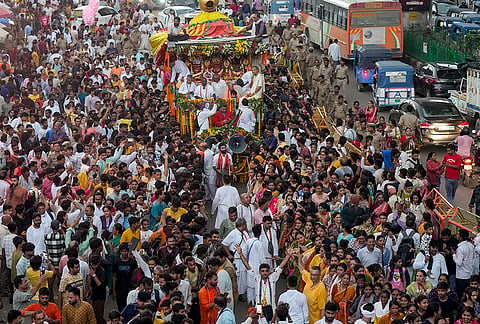 Devotees take part in a religious procession on the ‘Rath Yatra’ festival, in Lucknow, Thursday, July 16, 2026. 
