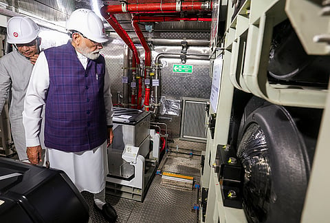 Prime Minister Narendra Modi along with Union Minister Ashwani Vaishnaw conduct an inspection during the flag off ceremony of India's first hydrogen-powered train, between Jind and Sonipat, at Jind Railway Station, Haryana. 