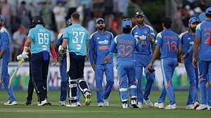 (Steven Paston/PA via AP) : England's Joe Root and Gus Atkinson shake hands with India's players after winning the match in the second ODI between England and India at Sophia Gardens, Cardiff, Wales, Thursday July 16, 2026