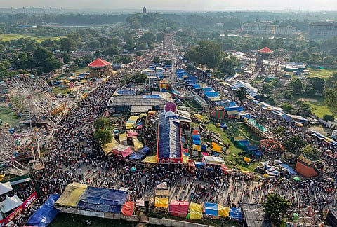 An aerial view of the devotees gathered during the ‘Rath Yatra’ festival, in Ranchi, Thursday, July 16, 2026. 