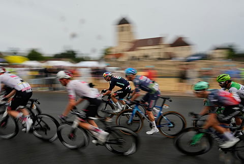 Germany's Florian Lipowitz rides with the pack during the eleventh stage of the Tour de France cycling race with start in Vichy and finish in Nevers, France, Wednesday, July 15, 2026.