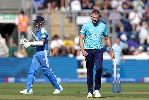 England's Gus Atkinson celebrates the wicket of India's Prasidh Krishna during the second ODI between England and India at Sophia Gardens, Cardiff, Wales, Thursday July 16, 2026. 