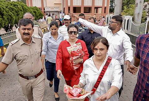 Bollywood actor Kajol leaves after offering prayers at the Dakshineswar Temple, in Kolkata, West Bengal.