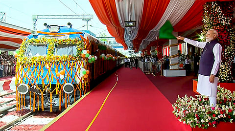 Prime Minister Narendra Modi flags off India's first hydrogen-powered train, between Jind and Sonipat, at Jind Railway Station, Haryana. 