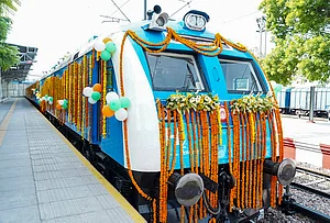 | Photo: @RailMinIndia/X via PTI : A decorated hydrogen-powered train is seen ahead of its flagging off by Prime Minister Narendra Modi, in Jind, Haryana.