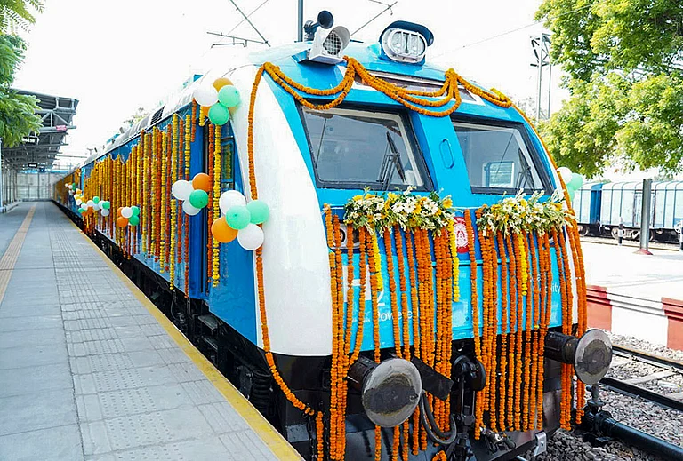A decorated hydrogen-powered train is seen ahead of its flagging off by Prime Minister Narendra Modi, in Jind, Haryana. - | Photo: @RailMinIndia/X via PTI
