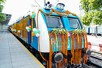 | Photo: @RailMinIndia/X via PTI  : A decorated hydrogen-powered train is seen ahead of its flagging off by Prime Minister Narendra Modi, in Jind, Haryana. 