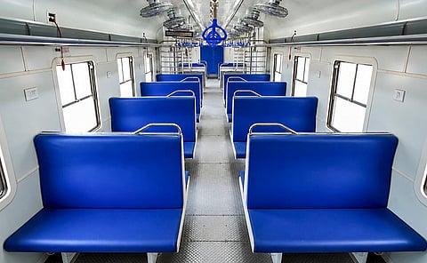 Interior view of a coach of India's first hydrogen-powered train developed by Indian Railways, during trials ahead of its rollout. 