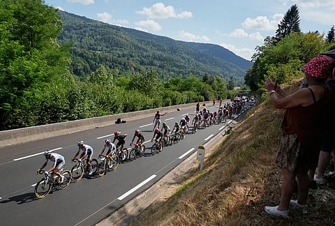 The breakaway rides during the thirteenth stage of the Tour de France cycling race with start in Dole and finish in Belfort, France, Friday, July 17, 2026.