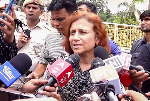 Activist Sonam Wangchuk's wife Geetanjali J. Angmo speaks after the activist is shifted to Safdarjung Hospital following 21 days of an indefinite hunger strike, in New Delhi.