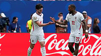 Lynne Sladky/AP Photo : England's Declan Rice (4) is congratulated by Ivan Toney (22) after scoring the opening goal during the World Cup third-place playoff soccer match between France and England in Miami Gardens