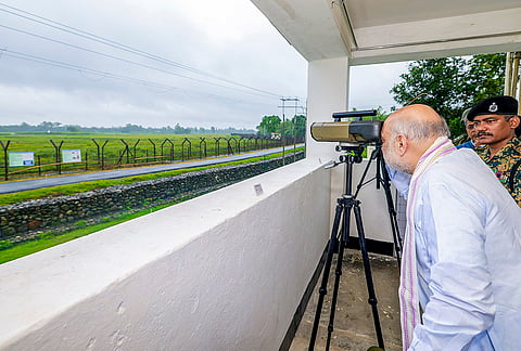 Union Home Minister Amit Shah during an inspection of the surveillance system of the Border Out Post at Jumagach BOP of the 18th Battalion of the BSF's North Bengal Frontier, in Siliguri, West Bengal. 