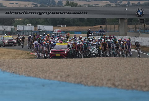 Riders take the start during the twelfth stage of the Tour de France cycling race with start in Circuit Nevers Magny-Cours and finish in Chalon-sur-Saone, France, Thursday, July 16, 2026.
