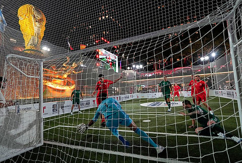 Cape Verde goalkeeper Vozinha tries to make a save during a FIFA legends soccer match being played two days ahead of the World Cup final in New York, Friday, July 17, 2026. 