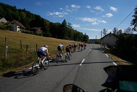 The breakaway rides during the thirteenth stage of the Tour de France cycling race with start in Dole and finish in Belfort, France, Friday, July 17, 2026. 
