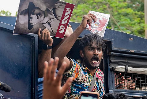 All India Students' Federation (AISF) member during a protest to express solidarity with climate activist Sonam Wangchuk’s indefinite hunger strike, in Mumbai, Maharashtra, Saturday, July 18, 2026. Wangchuk was hospitalized in accordance with the Delhi High Court's directions after his health worsened and is receiving the required medical intervention.
