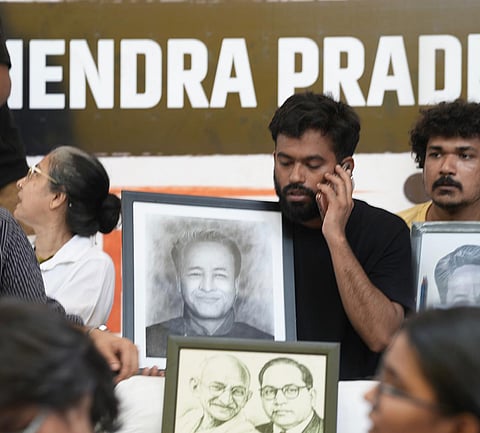 Cockroach Janata Party (CJP) founder Abhijeet Dipke begins indefinite hunger strike at Jantar Mantar after activist Sonam Wangchuk, unseen, who has been on an indefinite hunger strike for 21 days, was shifted to a hospital for medical care, in New Delhi.
