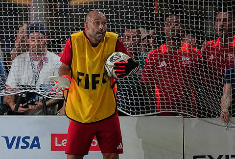 Argentine former player Javier Mascherano reacts during a FIFA legends soccer match being played two days ahead of the World Cup final in New York, Friday, July 17, 2026. 