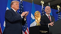 (AP Photo/Jacquelyn Martin) : President Donald Trump and FIFA President Gianni Infantino speak at a reception at Trump Tower in New York, Friday, July 17, 2026