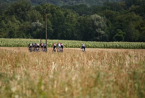 The breakaway rides during the thirteenth stage of the Tour de France cycling race with start in Dole and finish in Belfort, France, Friday, July 17, 2026. 
