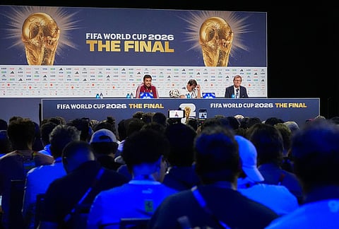 Spain's Rodri speaks during a news conference ahead of the World Cup final soccer match between Spain and Argentina in New York, Friday, July 17, 2026. 