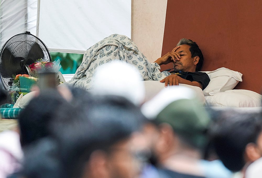Activist Sonam Wangchuk, who has been on an indefinite hunger strike for 21 days, before being shifted to a hospital from Jantar Mantar, in New Delhi, Saturday, July 18, 2026. Delhi Police said Wangchuk was shifted for essential medical care following expert medical advice and in compliance with the high courts orders. 
