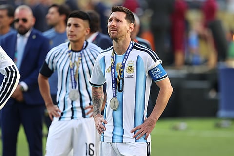 Argentina's Lionel Messi (10) reacts after losing to Spain in the World Cup final soccer match between Spain and Argentina in East Rutherford, N.J., near New York, Sunday, July 19, 2026.