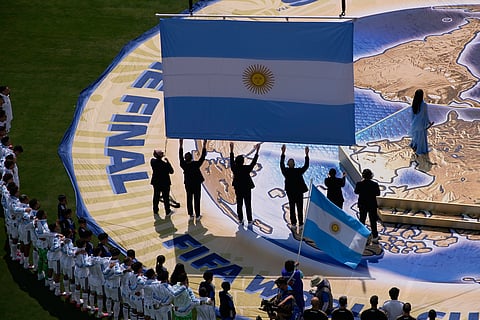 Argentina players line up during the national anthem before the World Cup final soccer match between Spain and Argentina in East Rutherford, N.J., near New York, Sunday, July 19, 2026.