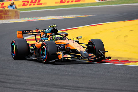 McLaren driver Lando Norris of Britain steers his car during qualification ahead of the Formula One Grand Prix at the Spa-Francorchamps racetrack in Spa, Belgium,.