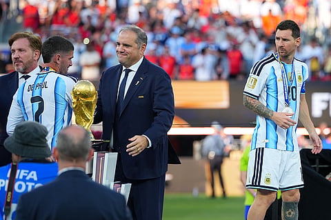Argentina's Lionel Messi (10) leaves the stage after their loss in the World Cup final soccer match between Spain and Argentina in East Rutherford, N.J., near New York, Sunday, July 19, 2026.